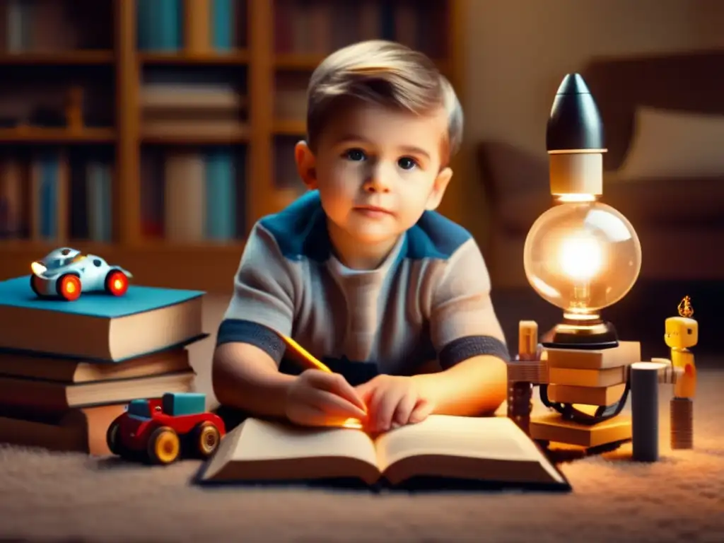 Un retrato cálido de Joseph Engelberger como niño, rodeado de juguetes y libros, reflejando su legado y contribución a la tecnología y la automatización