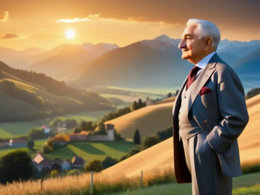 Un retrato de Ludwig von Mises en la campiña austriaca al atardecer, evocando sabiduría y serenidad