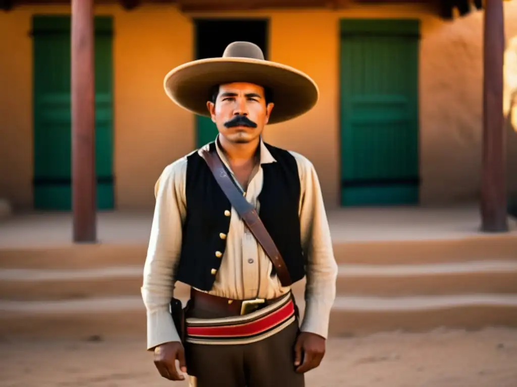 Un retrato de alta resolución de Pancho Villa en el campo mexicano, con su mirada intensa transmitiendo determinación y desafío