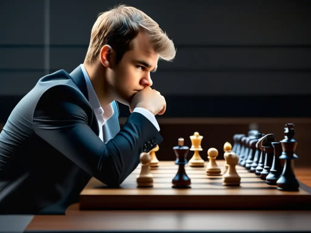 Un retrato de alta resolución de Magnus Carlsen concentrado en un tablero de ajedrez moderno y elegante