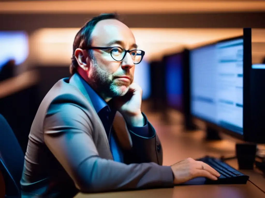 Un retrato cercano de Jimmy Wales, fundador de Wikipedia, inmerso en sus pensamientos frente a monitores que muestran la interfaz de Wikipedia