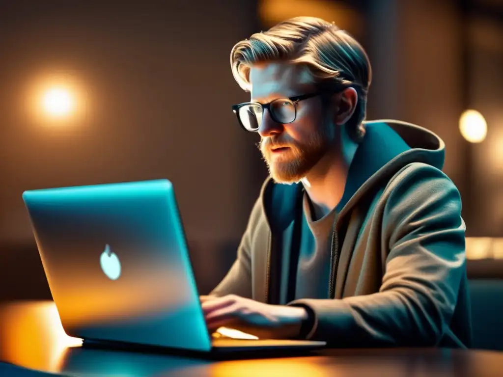 Un retrato cercano de Matt Mullenweg, fundador de WordPress, concentrado mientras escribe código en su laptop moderna, mostrando su ascenso
