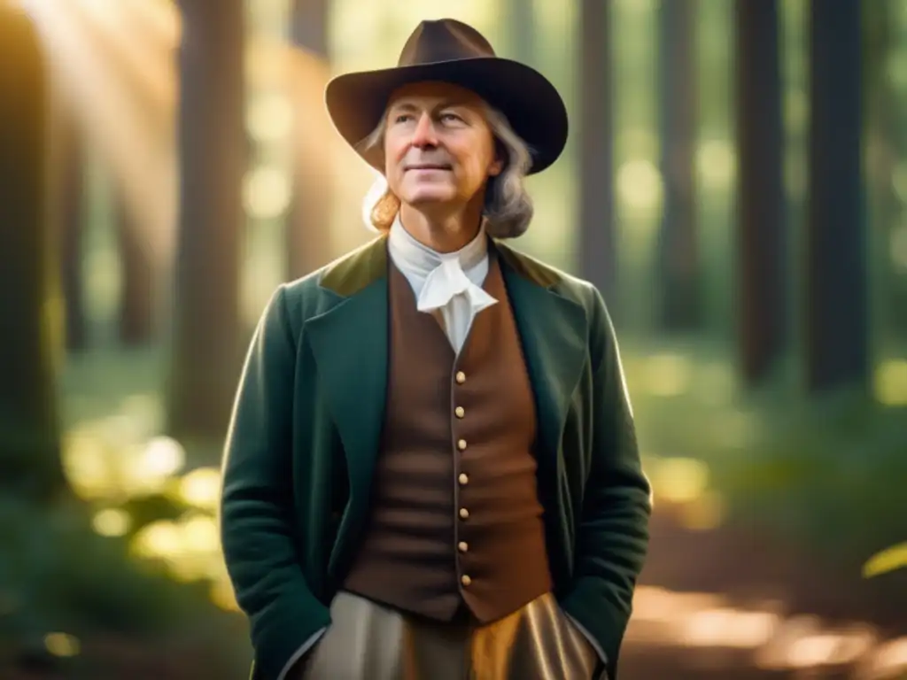Un retrato en 8k de George Fox en un claro sereno y soleado del bosque, rodeado de altos árboles con luz filtrada