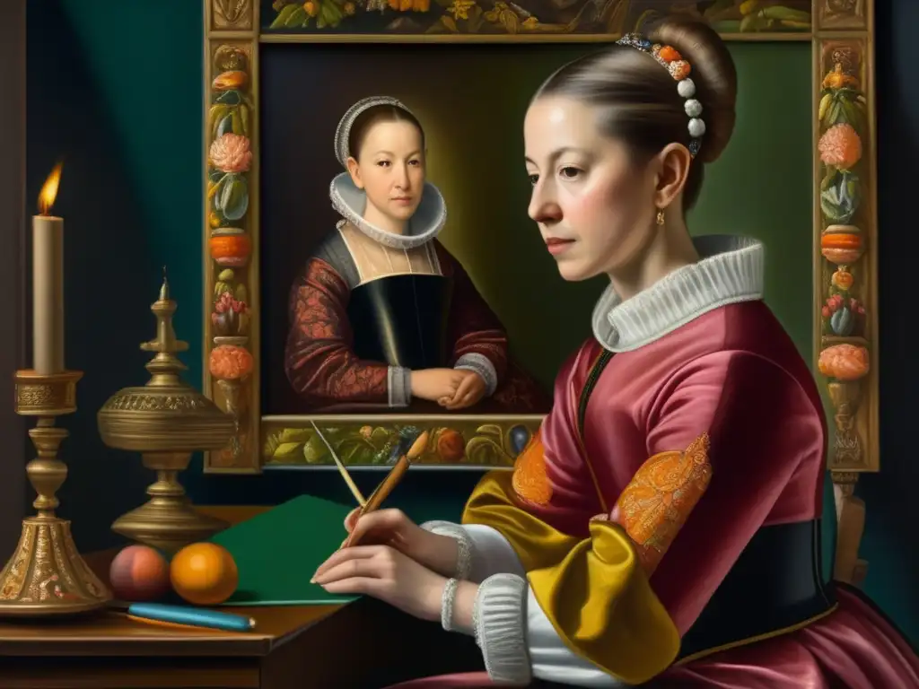 En el retrato, Sofonisba Anguissola se muestra concentrada en su talento artístico, rodeada de colores vibrantes