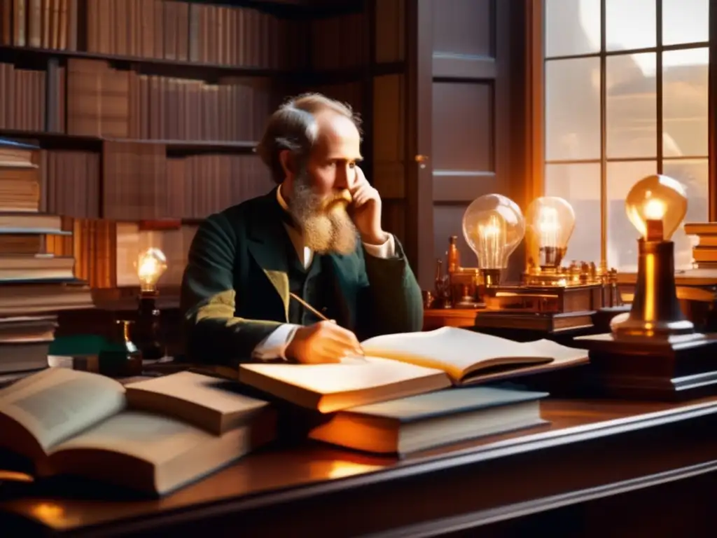 Un retrato detallado de James Clerk Maxwell absorto en sus ecuaciones electromagnéticas, rodeado de libros e instrumentos científicos