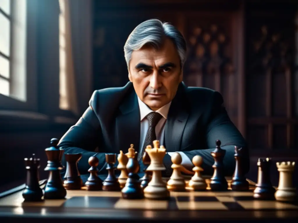 Un retrato detallado de Anatoli Kárpov jugando ajedrez, sumido en profunda concentración