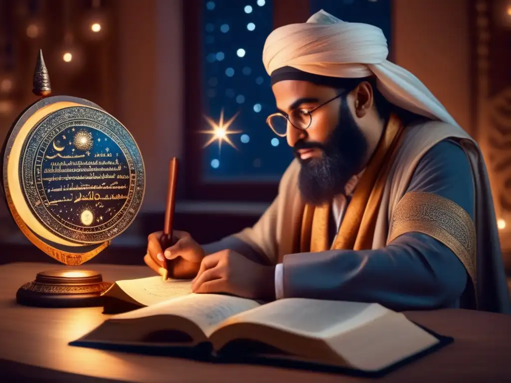 Explorador celeste: AlBiruni y su astrolabio Un retrato detallado de AlBiruni estudiando objetos celestes con un astrolabio, a la luz de una vela