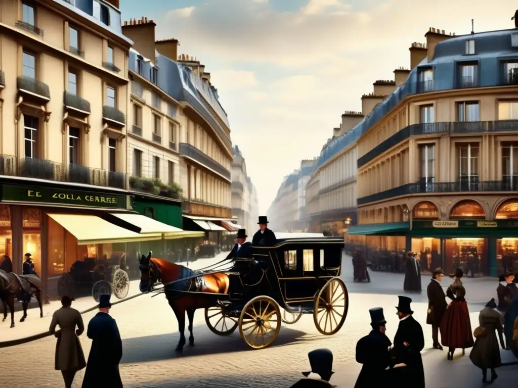 Un retrato detallado y de alta resolución de las bulliciosas calles parisinas del siglo XIX, inmerso en el realismo desgarrador de la literatura social de Émile Zola