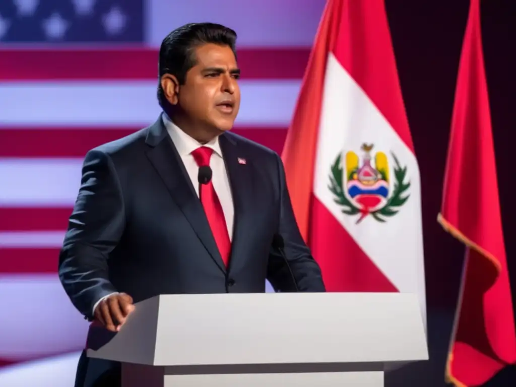 Un retrato detallado de Alan García pronunciando un apasionado discurso desde el podio presidencial, con la bandera peruana en alto