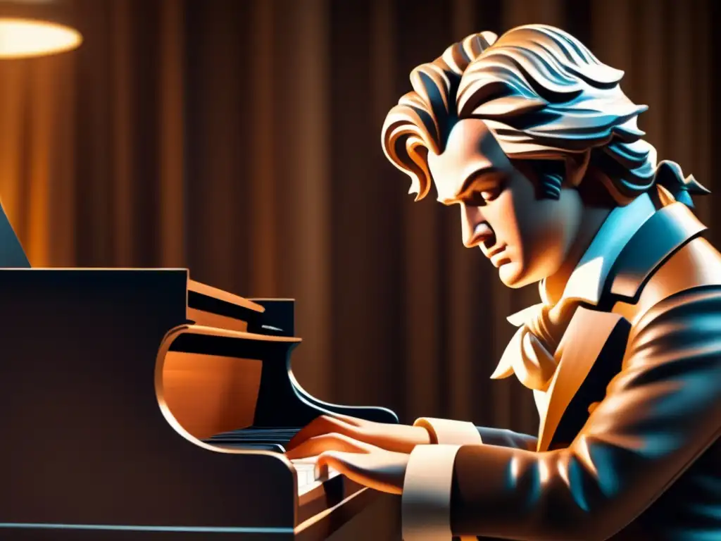 Un retrato detallado y apasionado de un joven Ludwig van Beethoven tocando el piano con emoción, destacando su concentración a pesar de la sordera