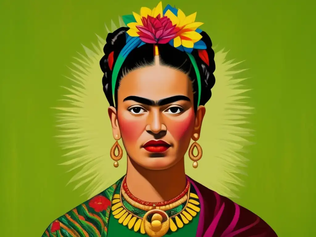 Un retrato detallado de Frida Kahlo en 'Autorretrato con collar de espinas', capturando la intensidad de su mirada y su estilo icónico