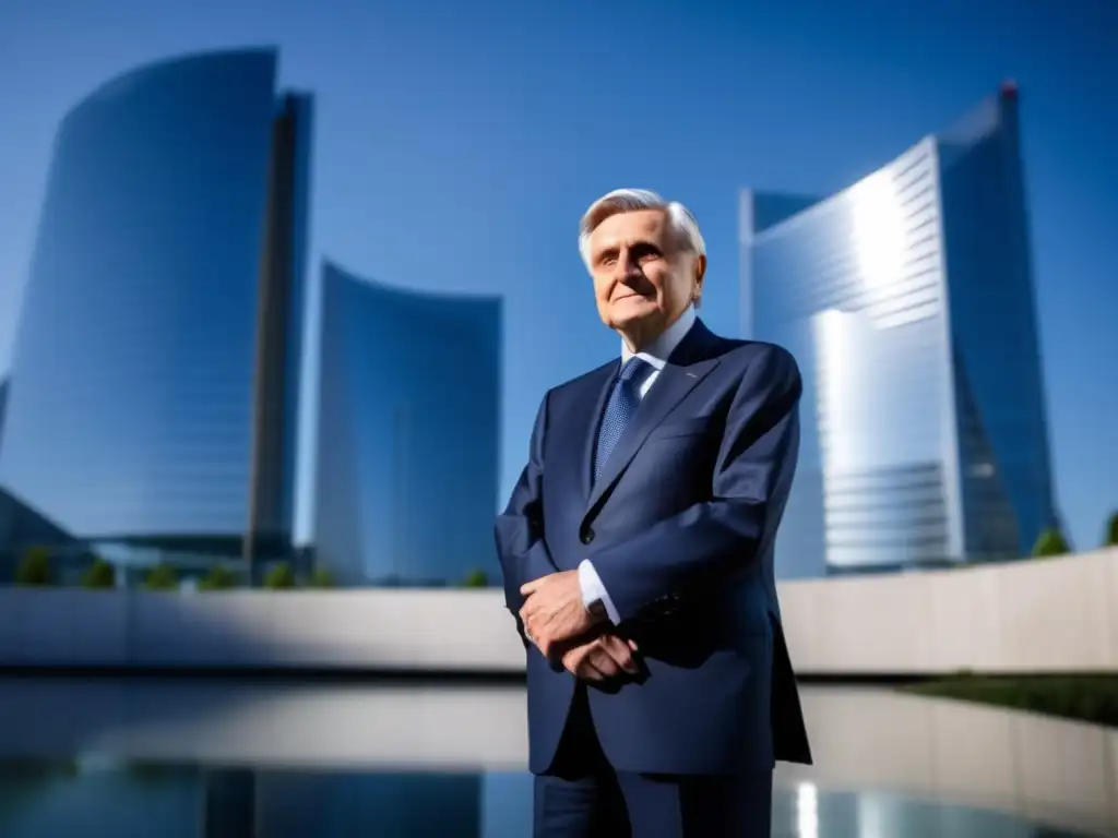 Un retrato detallado de Jean-Claude Trichet frente al Banco Central Europeo, con un ambiente de liderazgo y autoridad