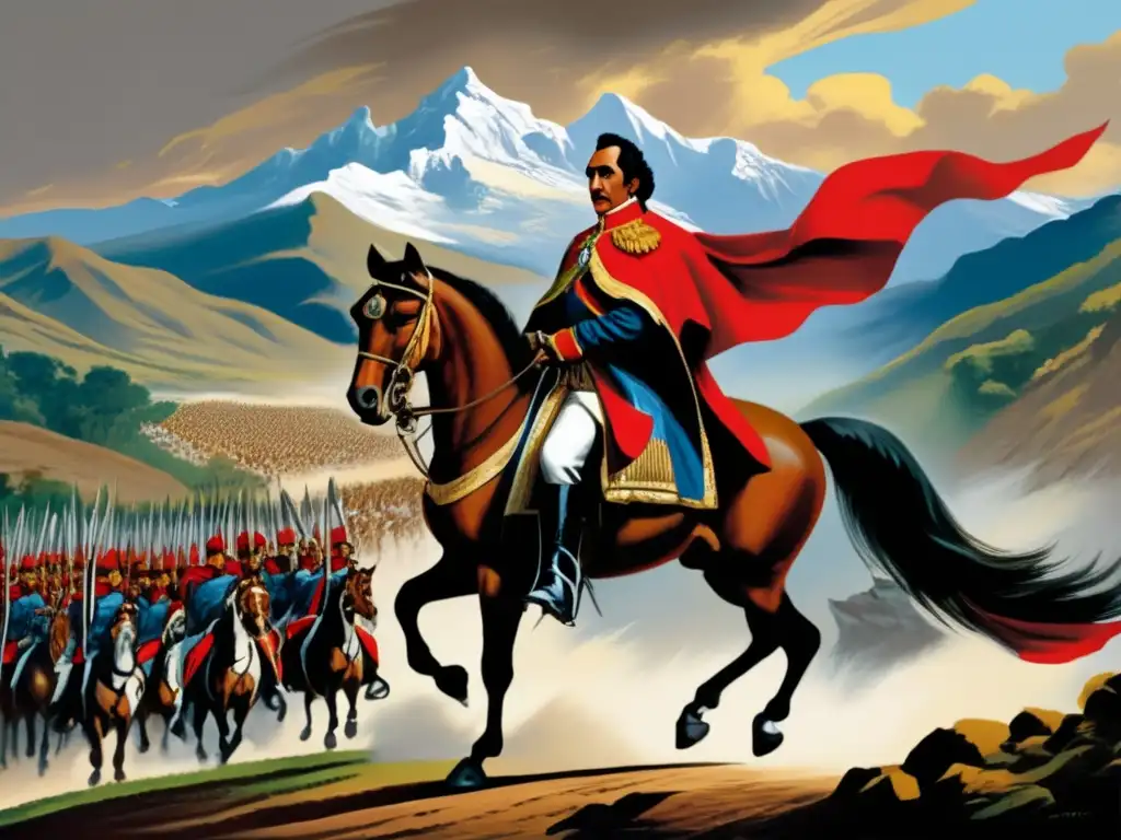 Un retrato detallado de Simón Bolívar a caballo, liderando sus tropas en los Andes durante las Guerras de Independencia