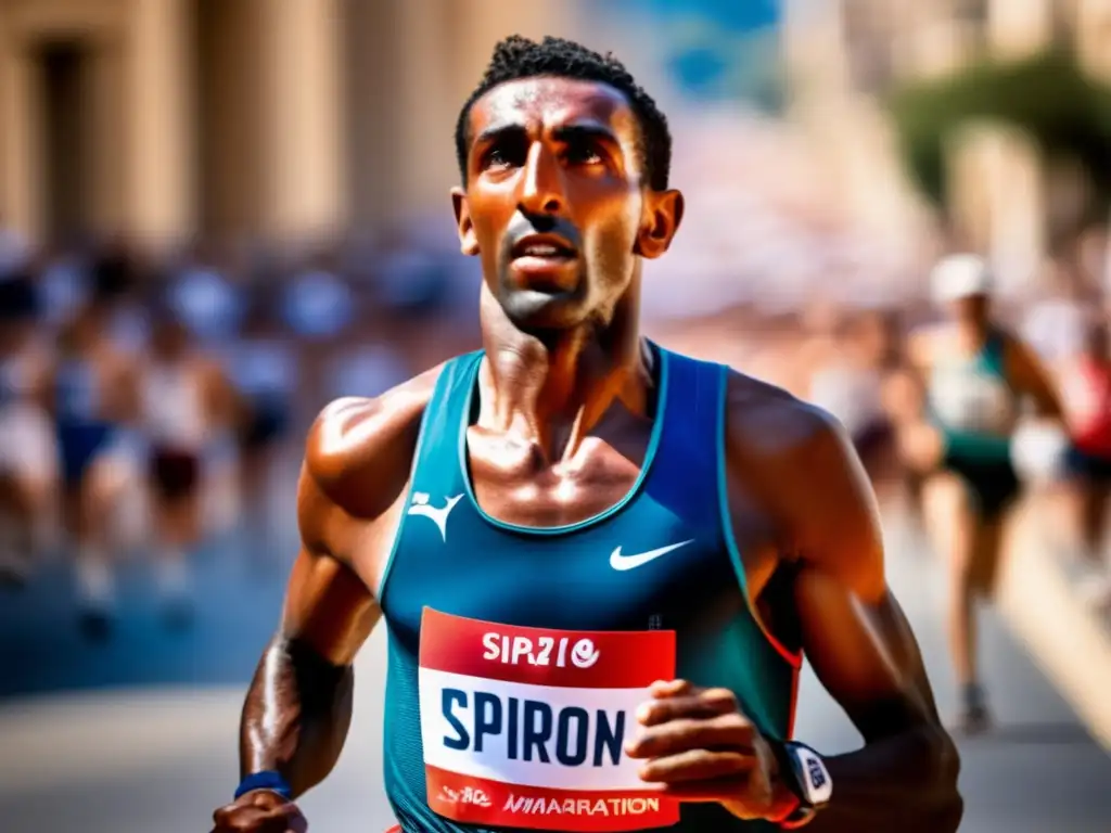 Un retrato detallado de Spiridon Louis corriendo con determinación en las calles antiguas de Atenas, capturando su victoria histórica en la maratón