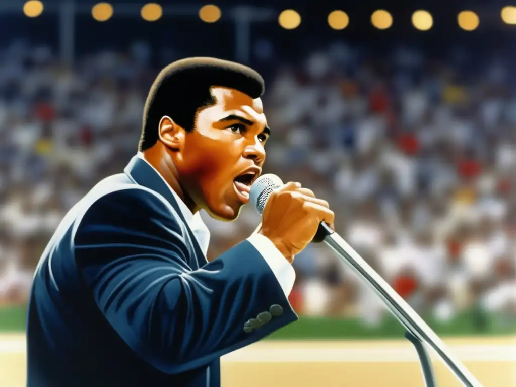Un retrato detallado de Muhammed Ali en Atlanta 1996, irradiando carisma y pasión mientras pronuncia un discurso impactante