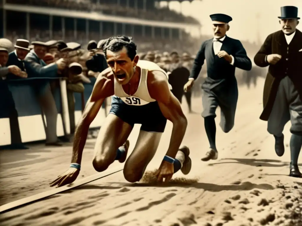 Un retrato detallado y conmovedor de Dorando Pietri en la maratón olímpica de 1908, muestra su determinación y lucha