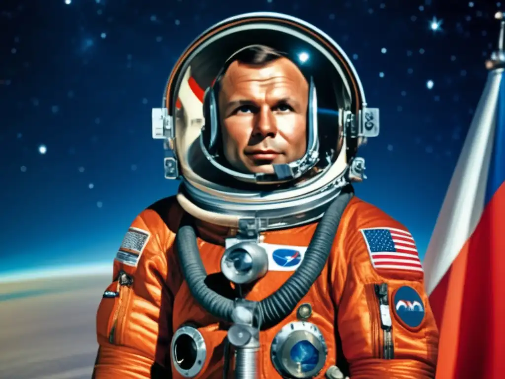 Un retrato detallado del cosmonauta ruso Yuri Gagarin en su traje espacial icónico, junto a la nave Vostok antes de su histórico vuelo espacial