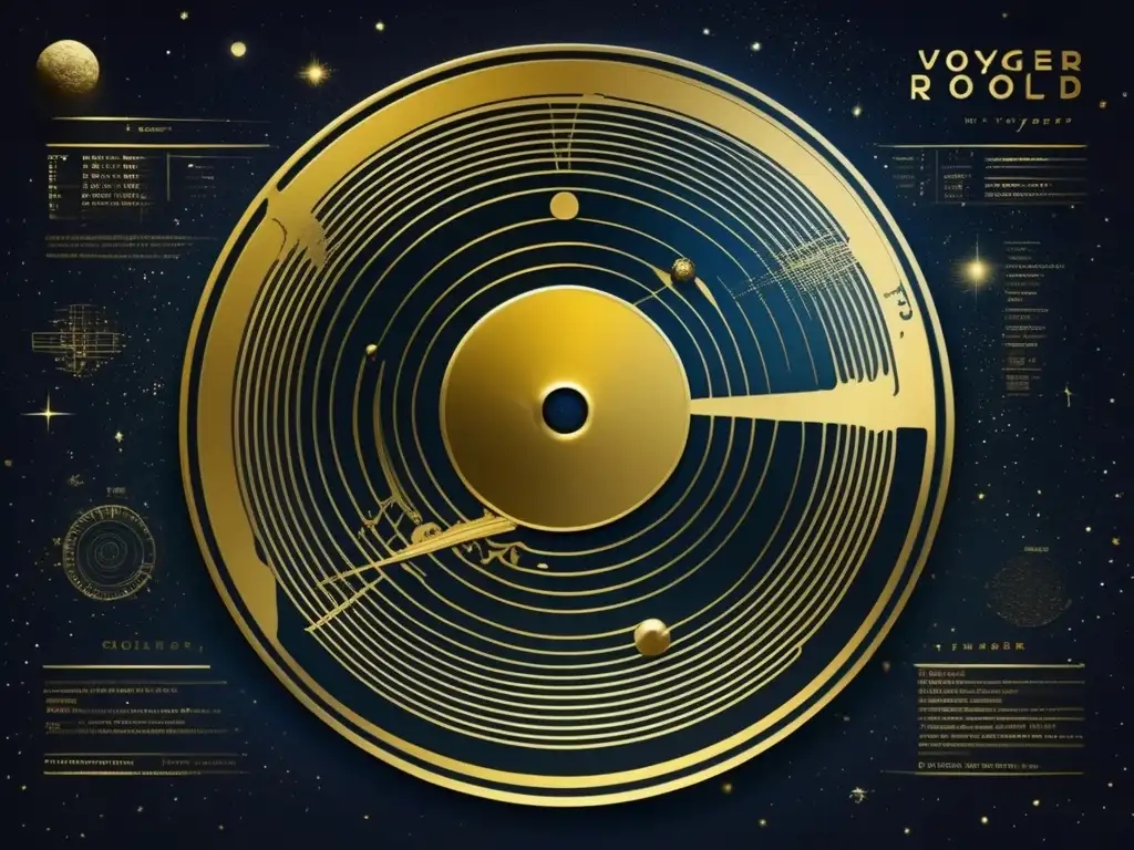 Un retrato detallado y deslumbrante del icónico Voyager Golden Record, con grabados intrincados y el mapa de púlsares, en un entorno cósmico etéreo