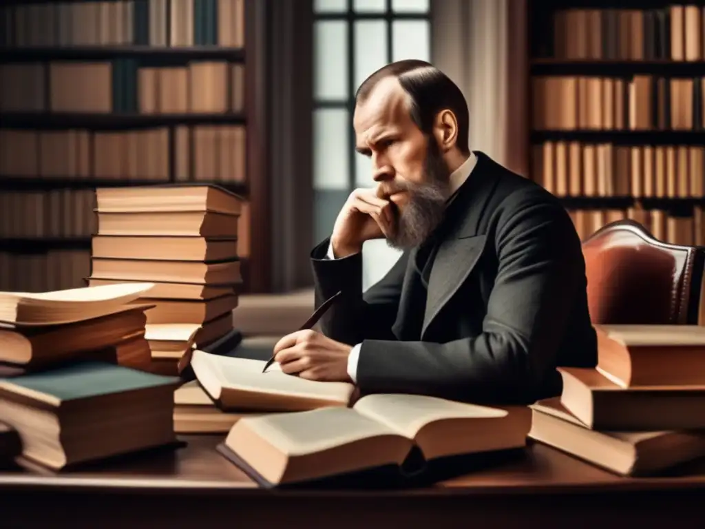 Un retrato detallado en 8k de Fyodor Dostoyevsky reflexionando en su escritorio, rodeado de libros y papeles