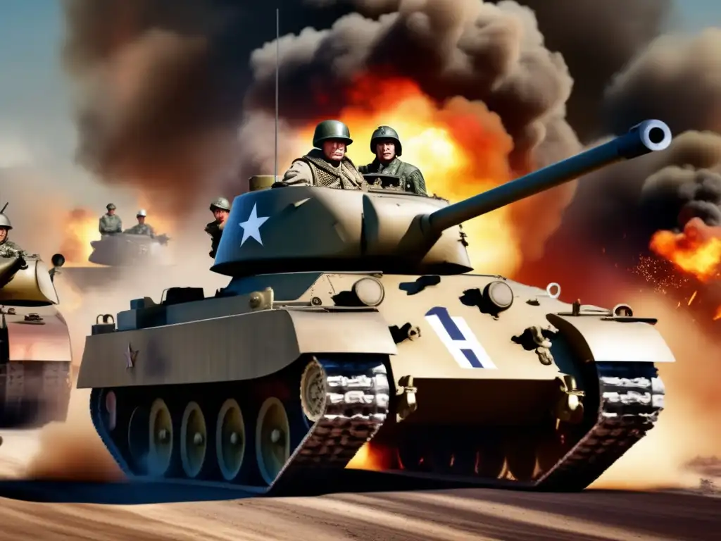 Un retrato detallado y emocionante de General Patton en plena batalla, rodeado de humo y explosiones