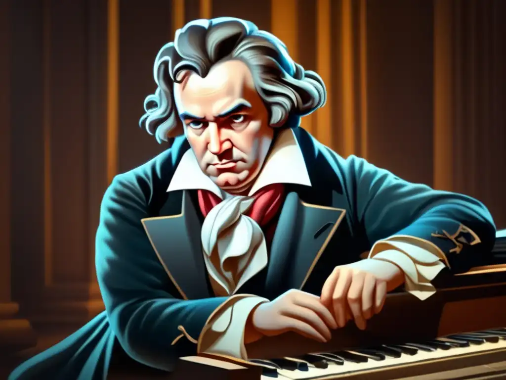 Un retrato detallado y emotivo de Ludwig van Beethoven concentrado en su piano, componiendo una sinfonía