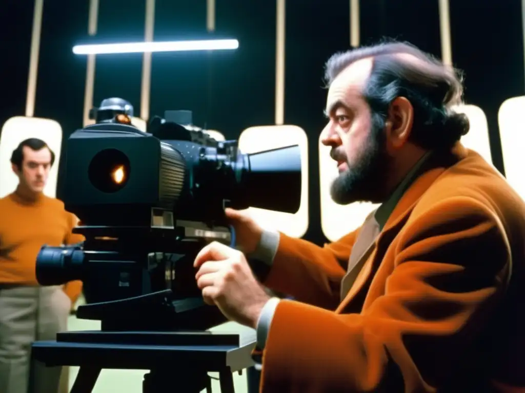 Un retrato detallado y emotivo de Stanley Kubrick dirigiendo una escena en uno de sus icónicos filmes, con precisión y enfoque intensos