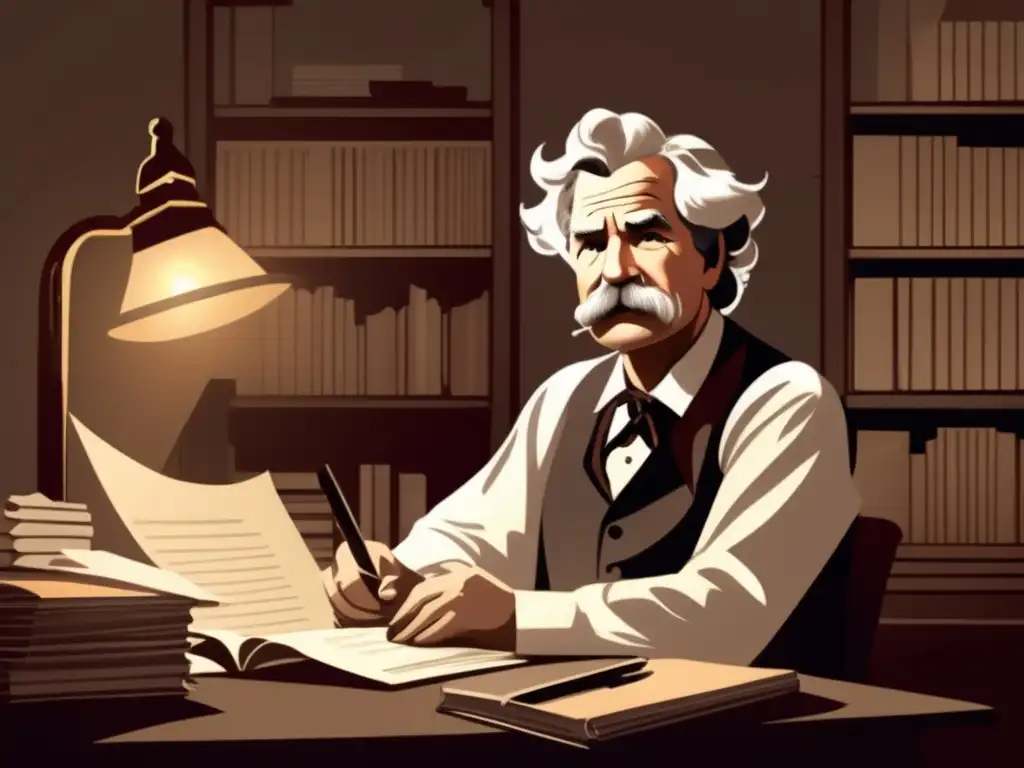 Un retrato detallado en escala de grises de Mark Twain en su escritorio, rodeado de papeles y útiles de escritura