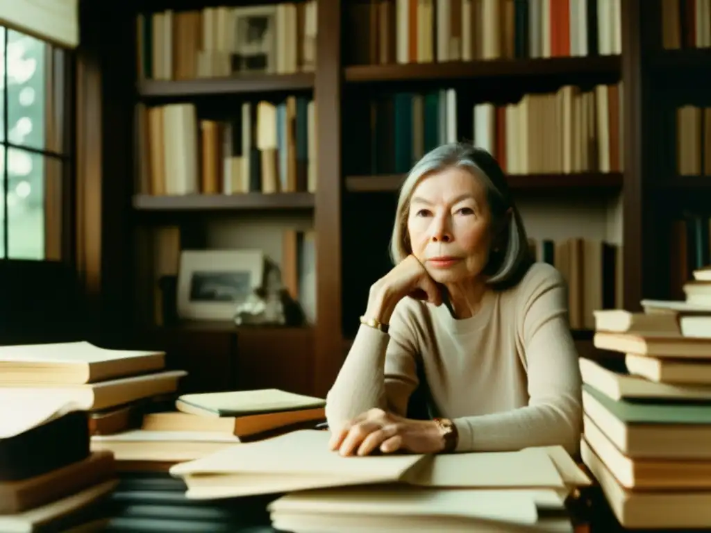 Retrato detallado de Joan Didion en su escritorio, inmersa en pensamientos