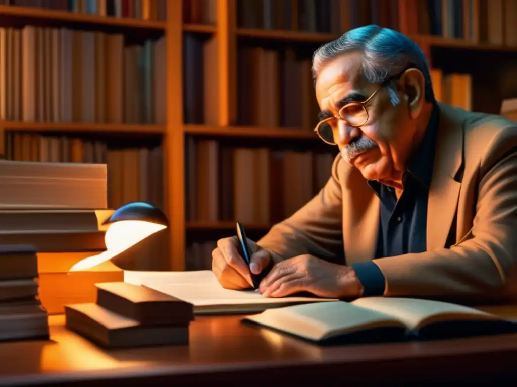 Retrato detallado de Gabriel García Márquez en su escritorio, rodeado de libros y papeles
