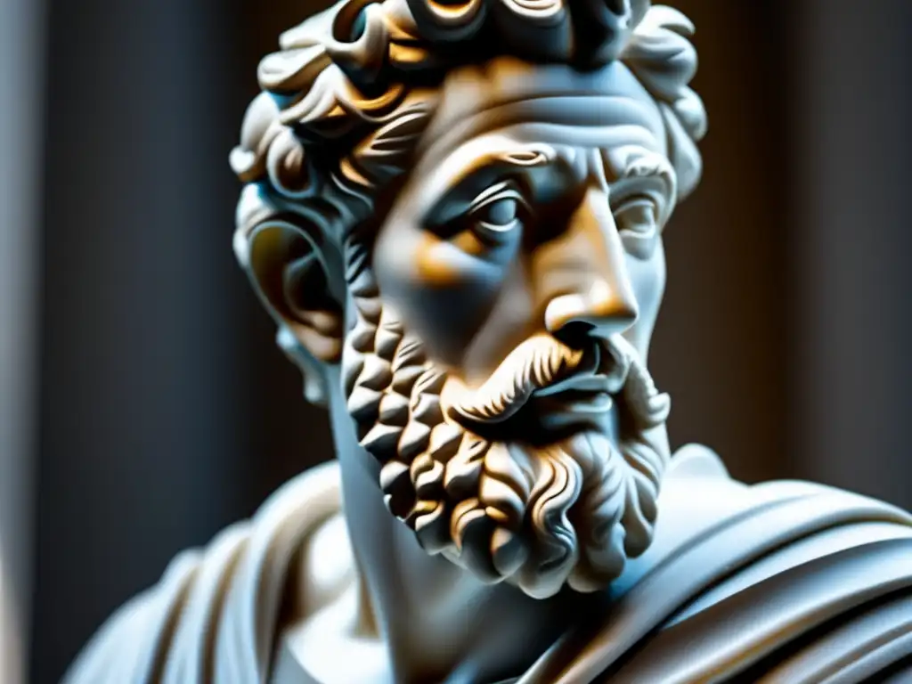 Un retrato detallado de la estatua de mármol de Marco Aurelio, filósofo y emperador estoico, con un fondo minimalista