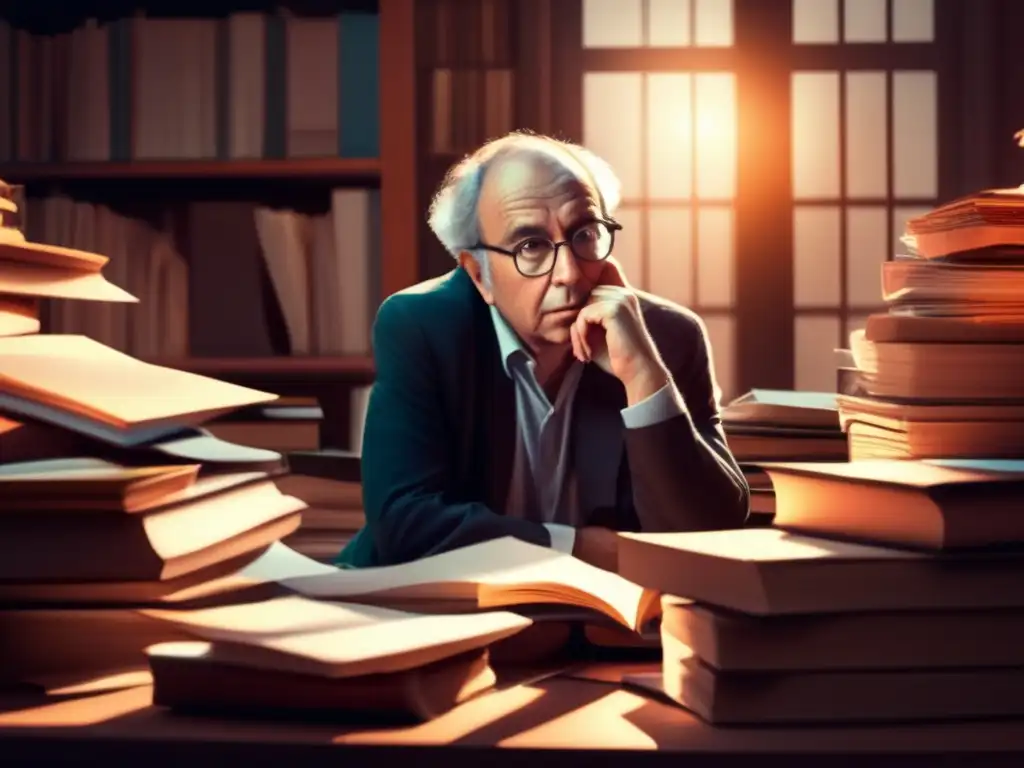 Un retrato detallado de Thomas Kuhn en su estudio, inmerso en sus pensamientos