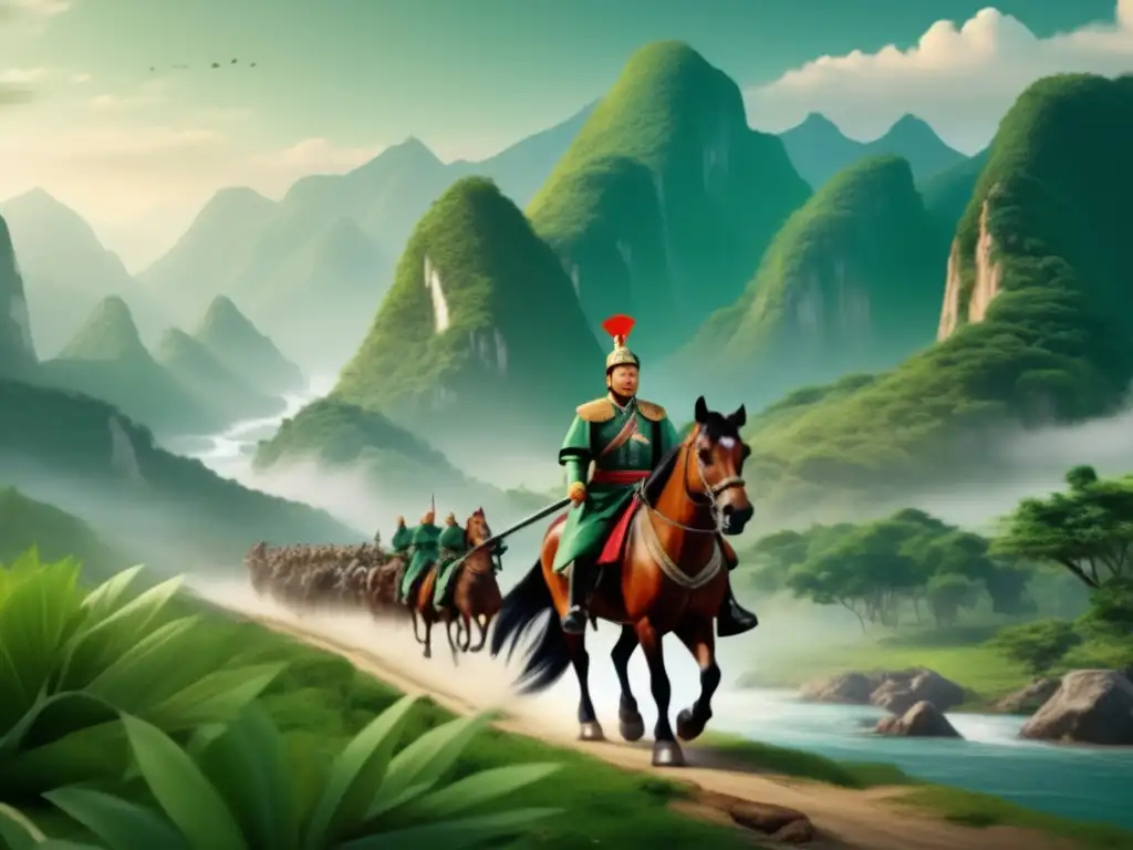 Un retrato detallado en 8k de Ban Chao liderando una expedición china, rodeado de imponentes montañas y valles verdes