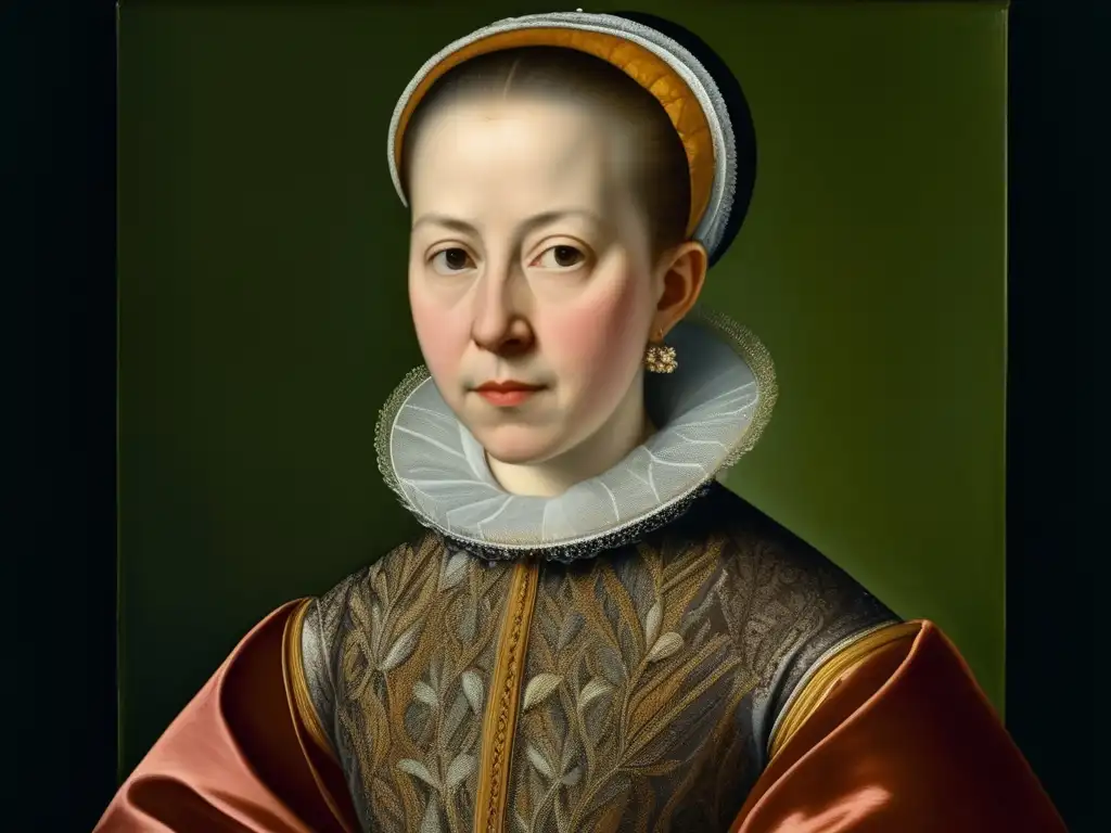 Retrato detallado de Sofonisba Anguissola, destacando su expresión artística y el significado renacentista, con colores vibrantes y texturas delicadas