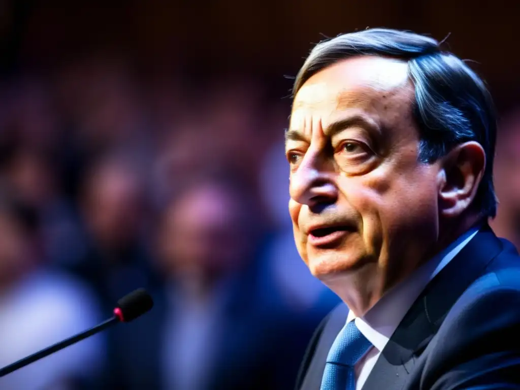 Un retrato detallado de Mario Draghi, su expresión determinada y concentrada mientras pronuncia un poderoso discurso