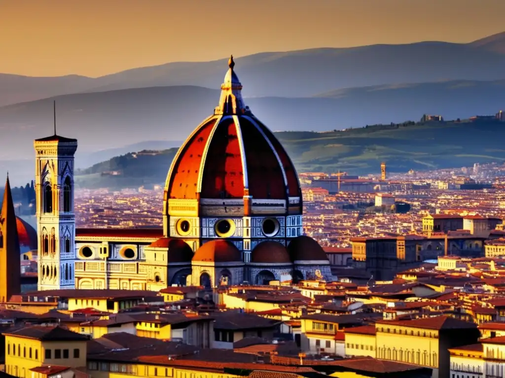 Un retrato detallado y fascinante de la cúpula de Filippo Brunelleschi en Florencia, destacando su arquitectura renacentista y perspectiva revolucionaria