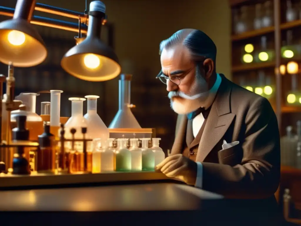Un retrato detallado y fascinante de Leo Baekeland en su laboratorio, rodeado de aparatos químicos y la primera muestra de baquelita