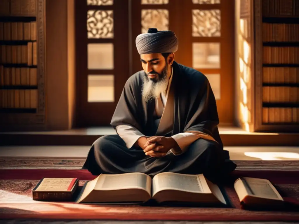 Un retrato detallado del filósofo islámico AlGhazali en profunda contemplación, rodeado de antiguos textos filosóficos islámicos