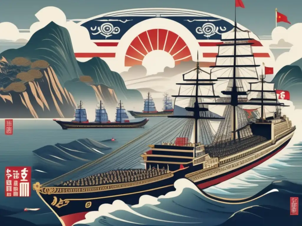 El legendario Almirante Yi Sunsin liderando su flota con determinación y fuerza Un retrato detallado de la biografía de Admiral Yi Sunsin, con su flota naval, el mar y la tierra circundante