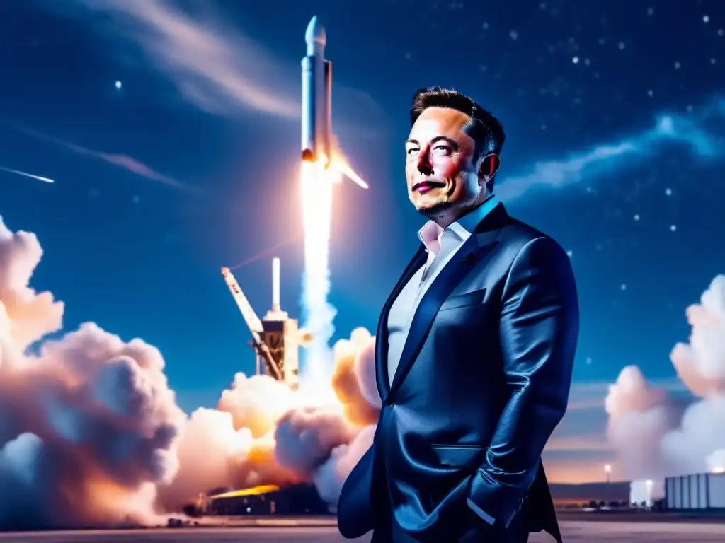 Un retrato detallado de Elon Musk frente a un cohete de SpaceX, con traje moderno y expresión decidida