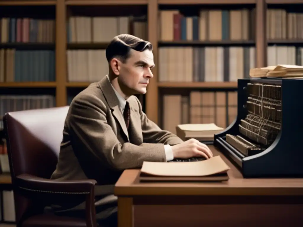 Un retrato detallado de Alan Turing frente a una computadora temprana, inmerso en sus pensamientos