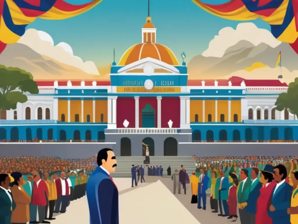 Un retrato detallado de Alfonso López Michelsen frente al Congreso Colombiano, rodeado de personas diversas, con colores vibrantes y detalles intrincados que capturan el paisaje político moderno de Colombia