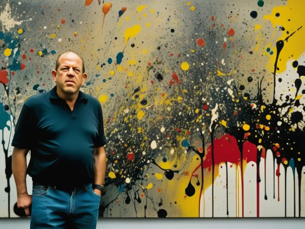 Un retrato detallado de Jackson Pollock frente a una de sus icónicas pinturas, destacando su estilo artístico y energía creativa