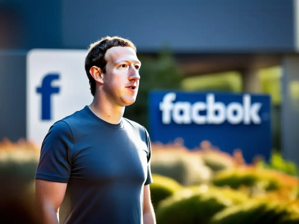 Un retrato detallado de Mark Zuckerberg frente al icónico letrero de Facebook en Silicon Valley