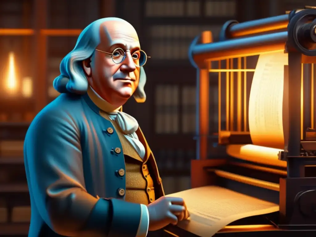 Un retrato 8k detallado de Benjamin Franklin frente a una imprenta