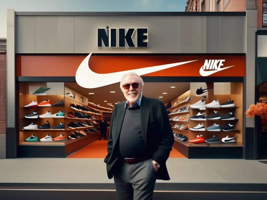 Un retrato detallado de Phil Knight frente a la tienda original de Nike, rodeado de zapatillas vintage y equipo deportivo
