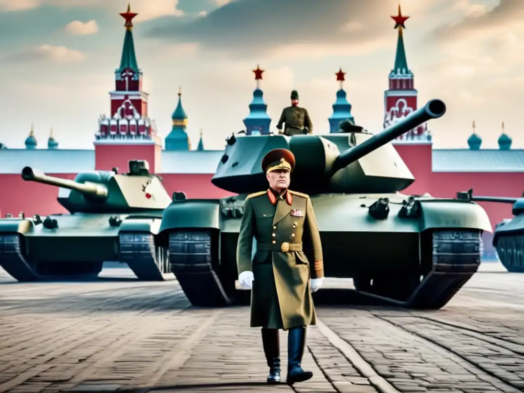 Un retrato detallado del General Zhukov en uniforme militar, junto a tanques soviéticos y el Kremlin