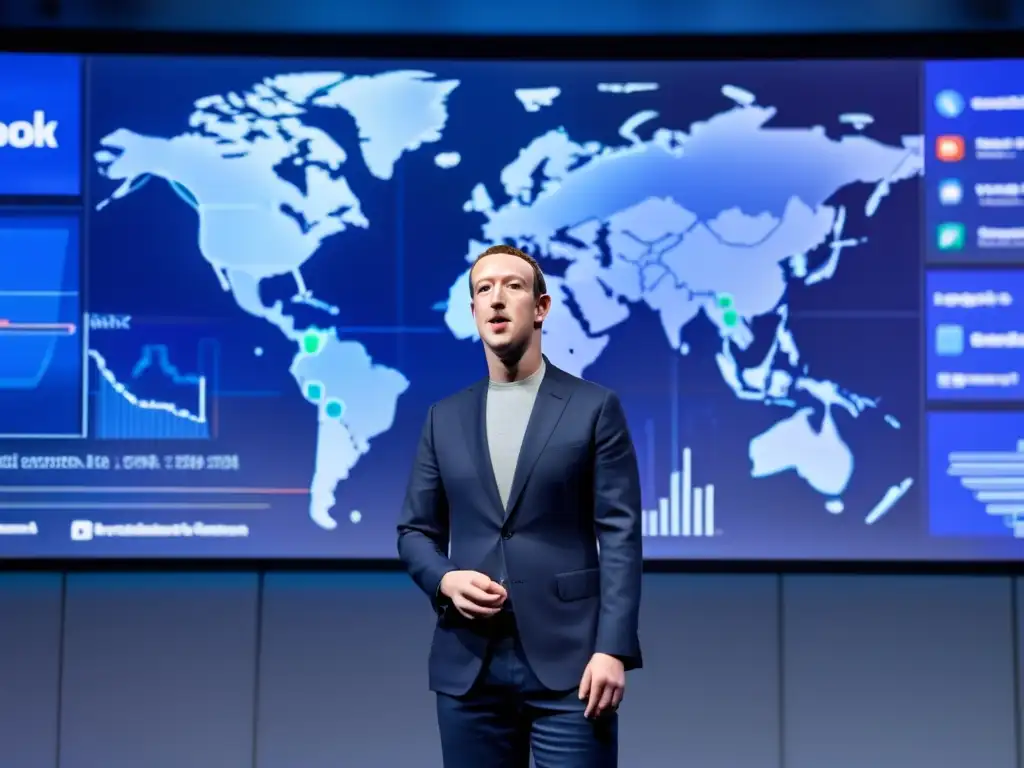 Un retrato detallado de Mark Zuckerberg, CEO de Facebook, frente a un gran y futurista display digital