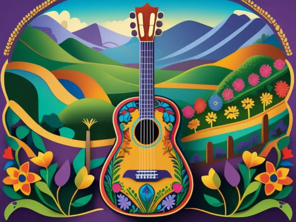 Un retrato detallado de una guitarra acústica adornada con arte folclórico, evocando el legado de Violeta Parra en la campiña chilena