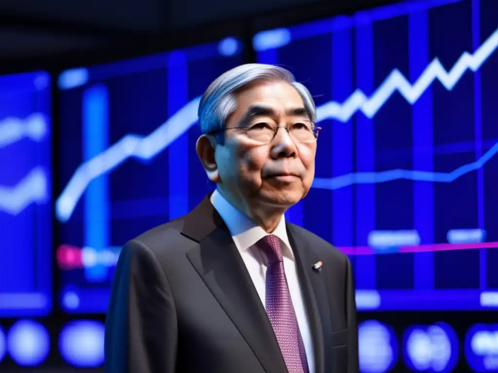 Un retrato detallado de Haruhiko Kuroda frente a una pantalla digital grande con indicadores económicos