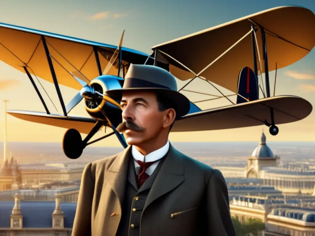 Un retrato detallado de Santos Dumont y su icónico 14bis, mostrando su determinación mientras contempla el horizonte en el París del siglo XX